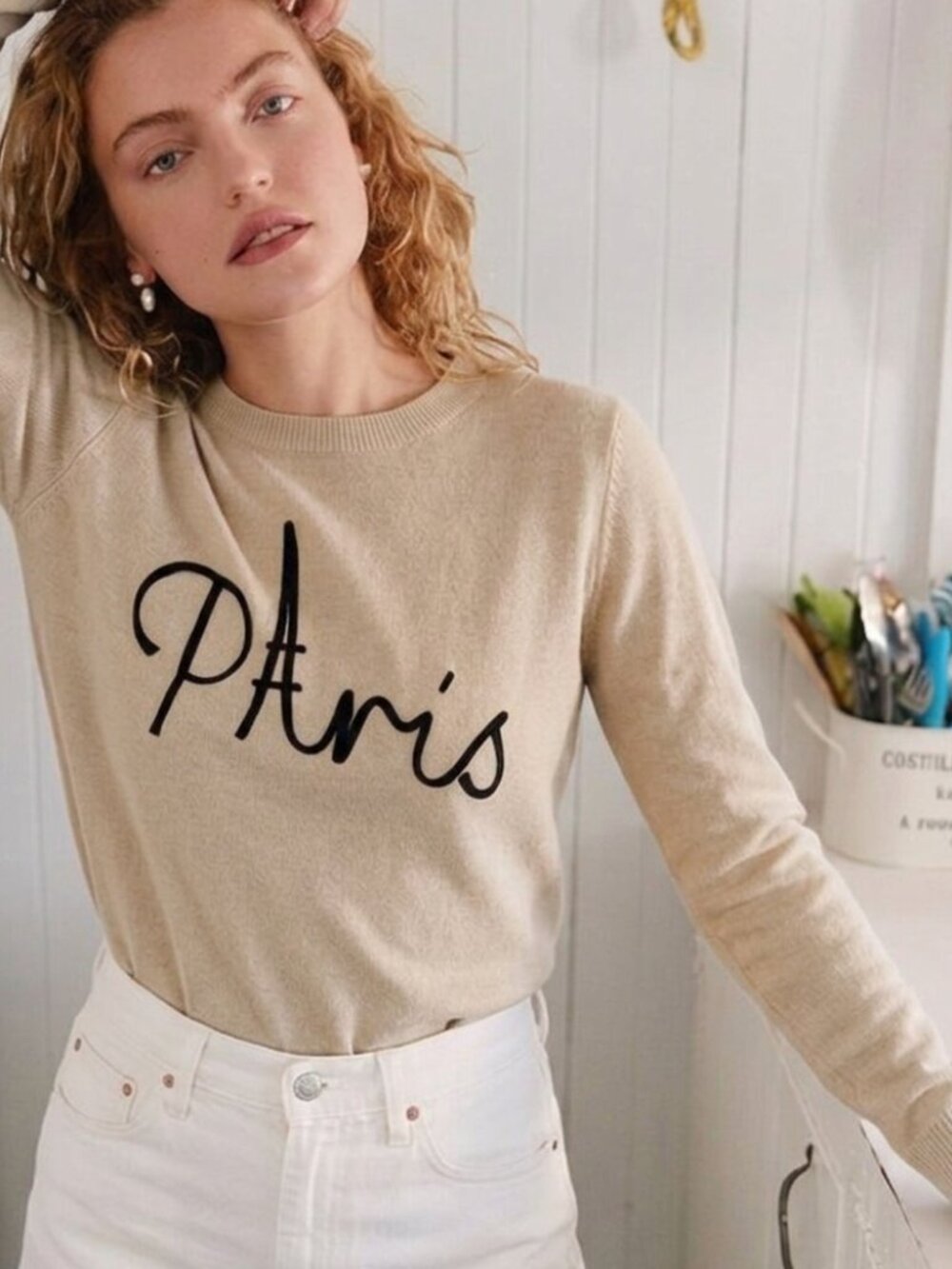 LOFT Paris Embroidered Beige Cotton Sweater Size M